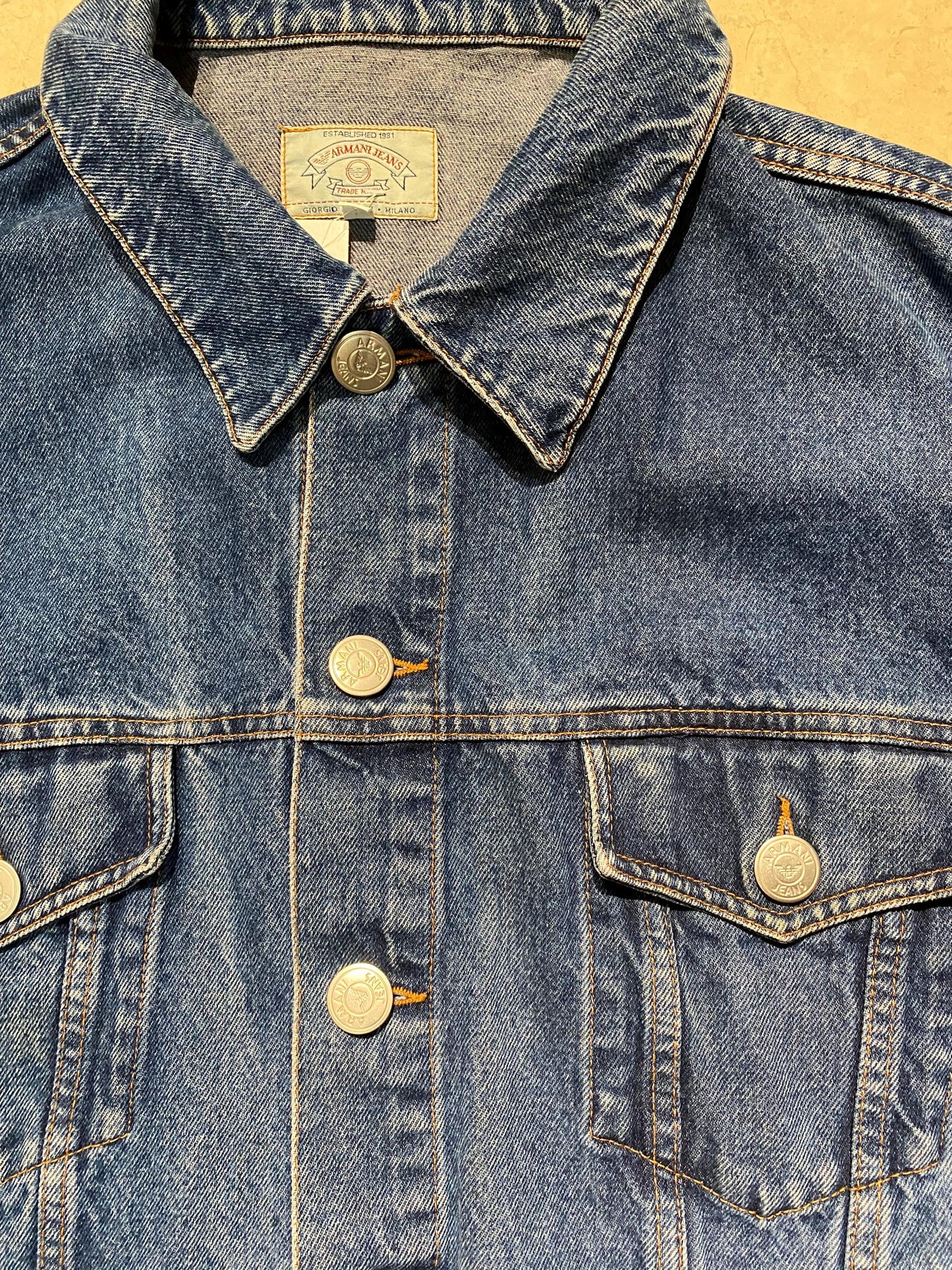 Armani Jeans classic indigo denim trucker w big embossed logo buttons, sz L, looks as new