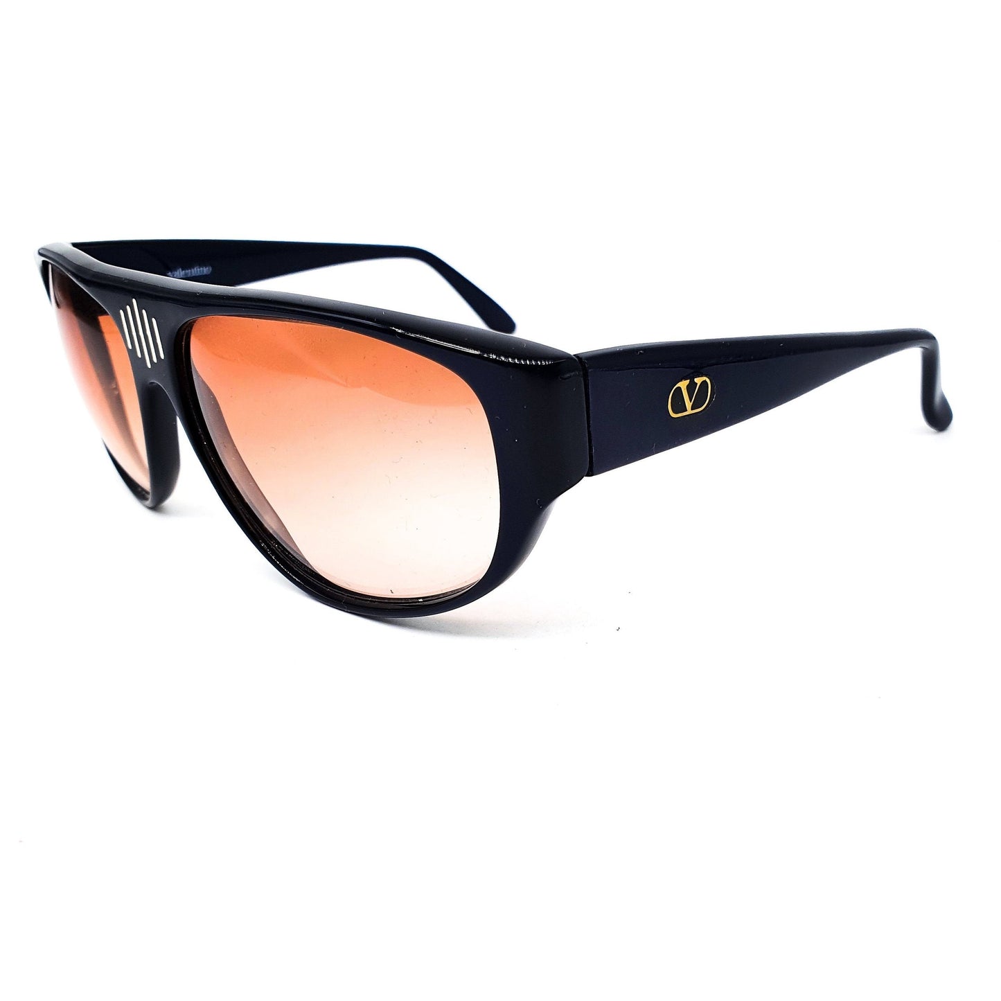 Valentino 532 76 Oversized black cellulose acetate sunglasses with flat browline, 1980s NOS made in Italy