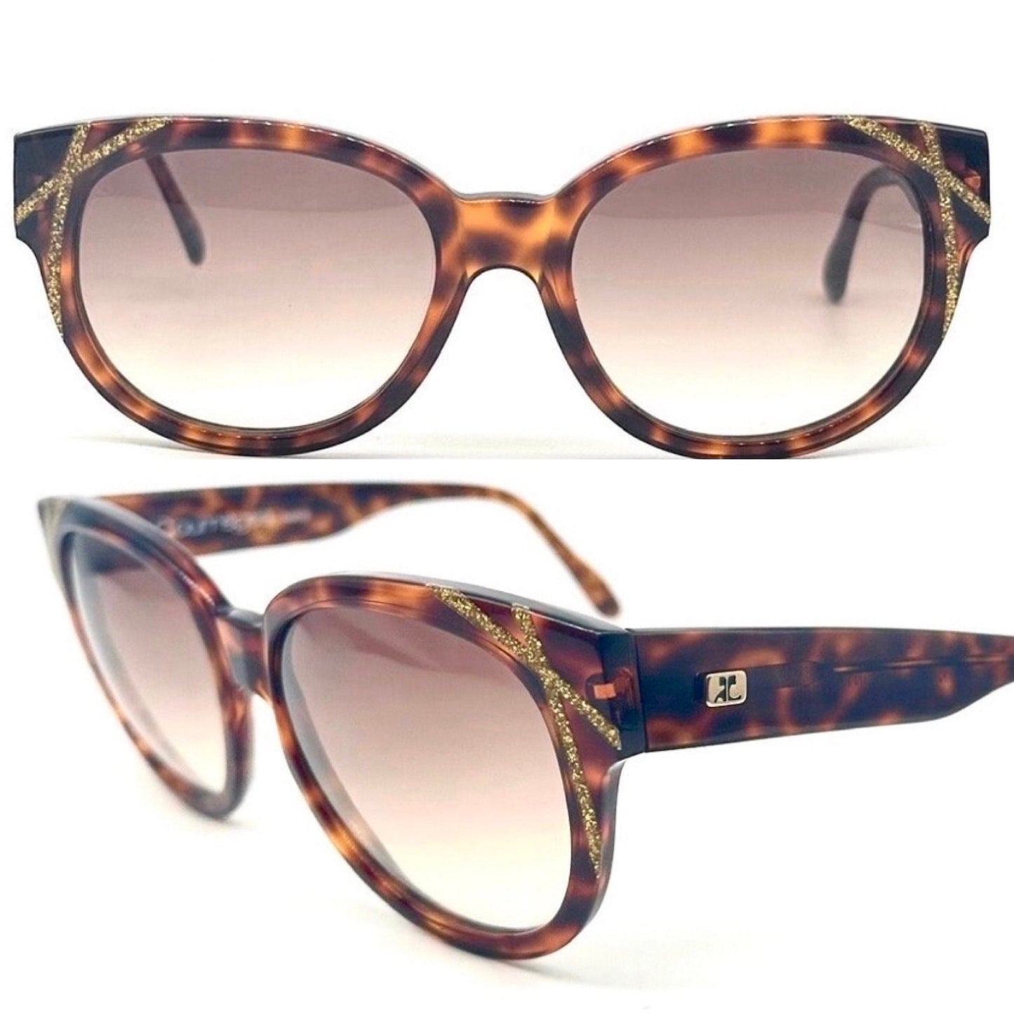 Courreges 8710 tortoise oversized sunglasses w golden sparks striped details, NoS 80s France
