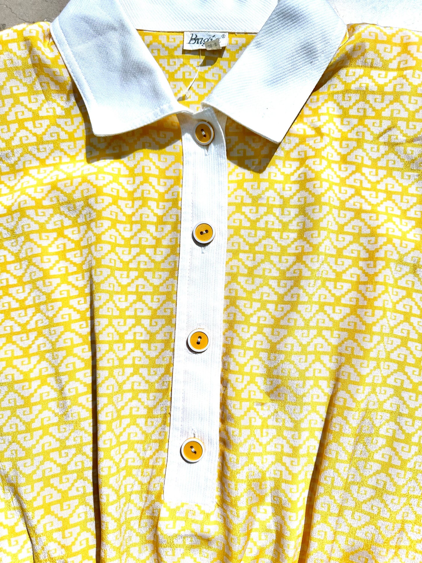 Bugia 1970s canary yellow / white geometrical print silk blend mido dress, preppy/ BonTon vibe, NOS