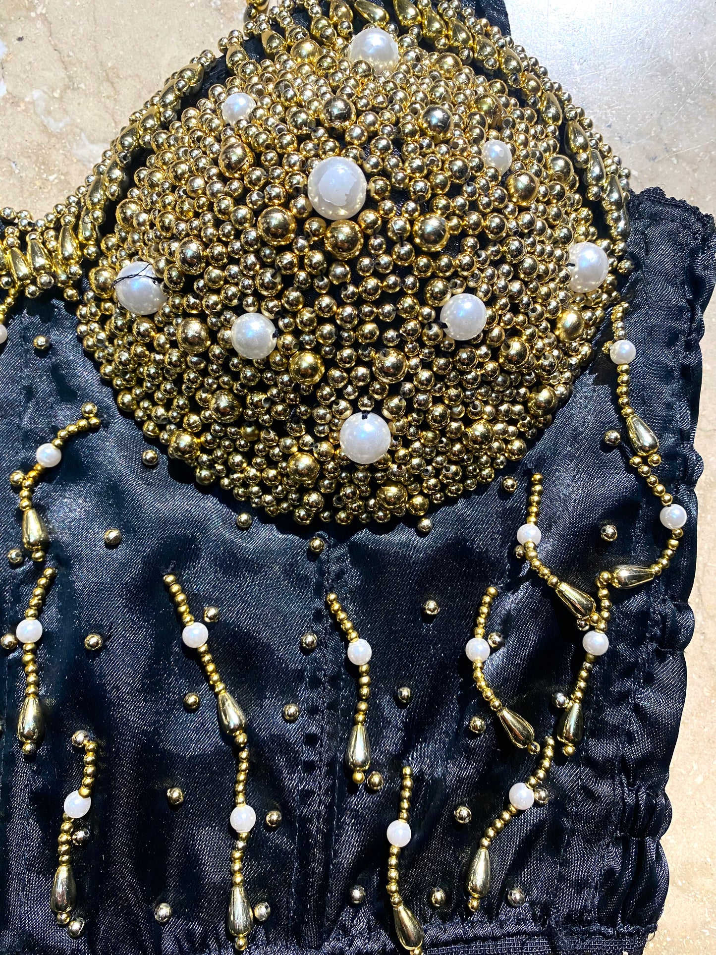 Gioiellò 100% rayon black satin corset with golden + pearl beads and fringes allover, NOS 80s