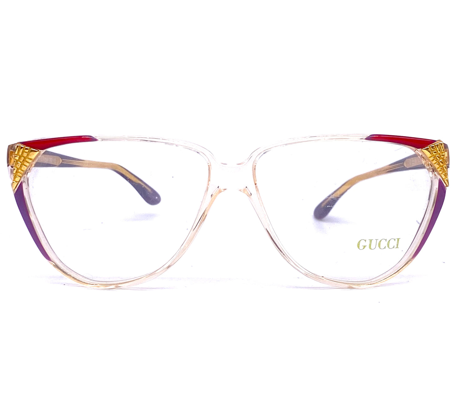 Gucci GG113 gorgeous cateye frames red, purple, gold carved metal, NOS 80s Italy