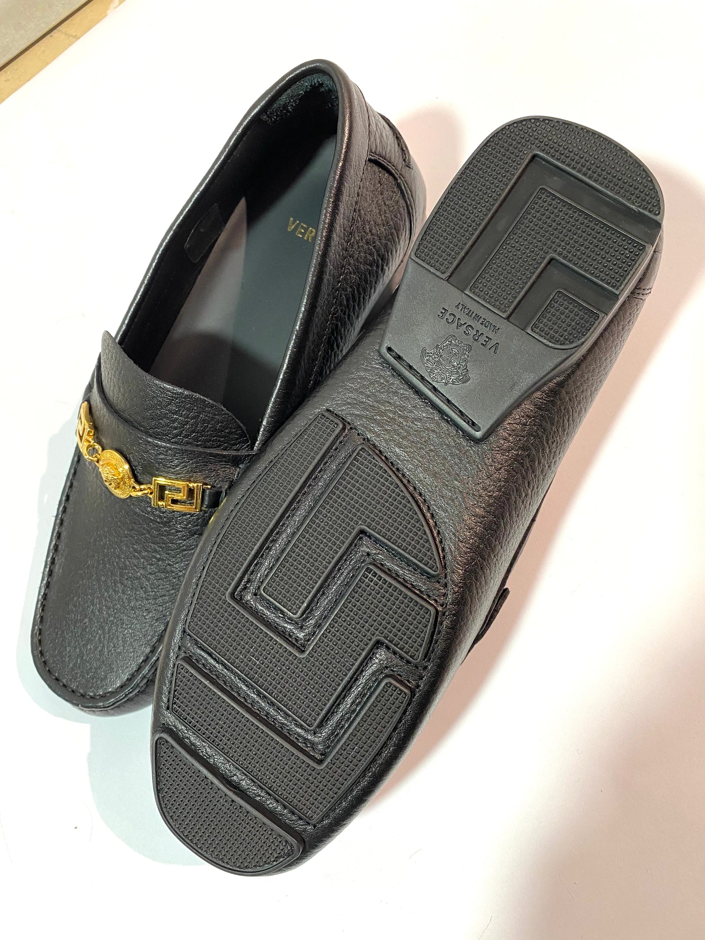 Versace classy black loafers with Greek/medusa chain detail, sz 38 BNWT