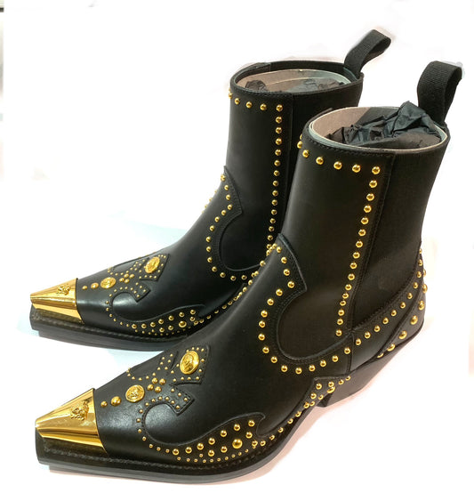 Versace iconic camperos black pointed tips golden studded boots, BNWT 37
