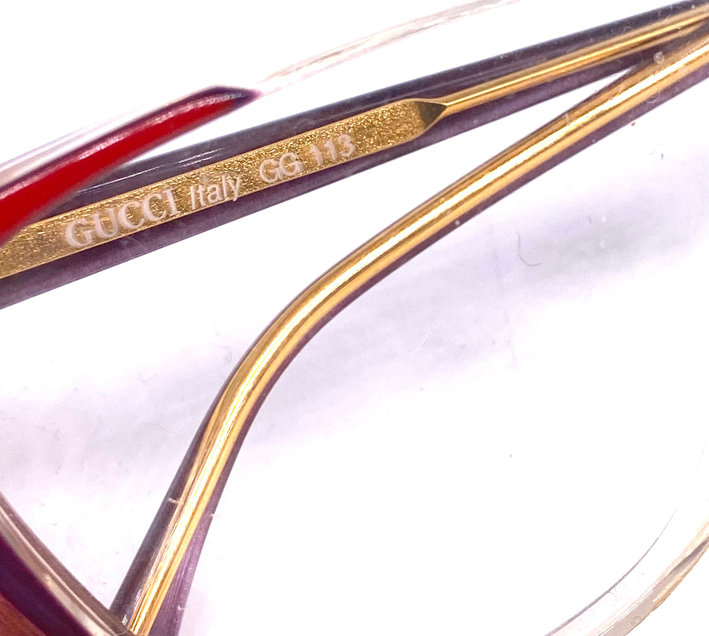 Gucci GG113 gorgeous cateye frames red, purple, gold carved metal, NOS 80s Italy