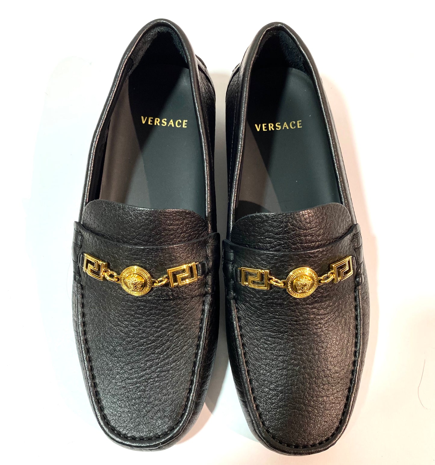 Versace classy black loafers with Greek/medusa chain detail, sz 38 BNWT