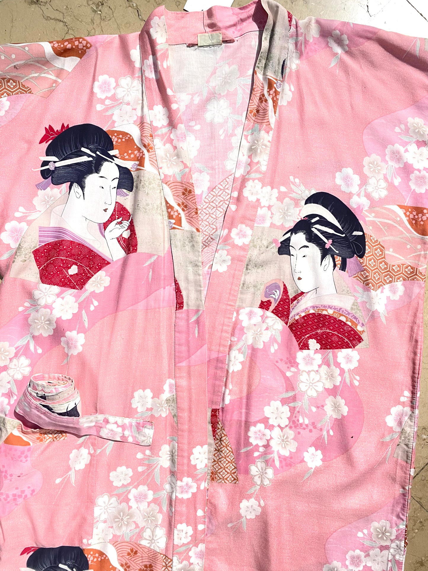 Japanese 1980s Geisha And cherry blossoms cotton kimono
