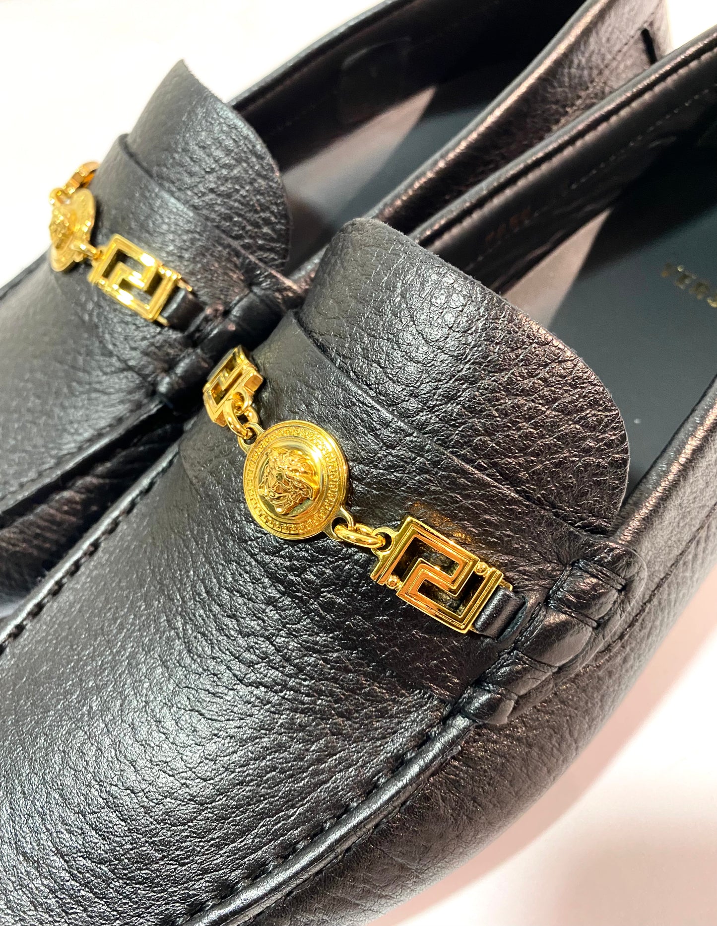 Versace classy black loafers with Greek/medusa chain detail, sz 38 BNWT