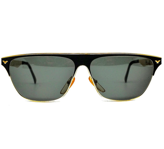 Vogart by Police m1026 trapezoid golden metallic  sunglasses in black with flat browline, 1980s NOS Italy