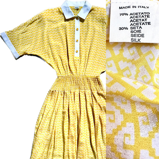 Bugia 1970s bonton geometrical allover canary yellow silk blend midi dress, mint