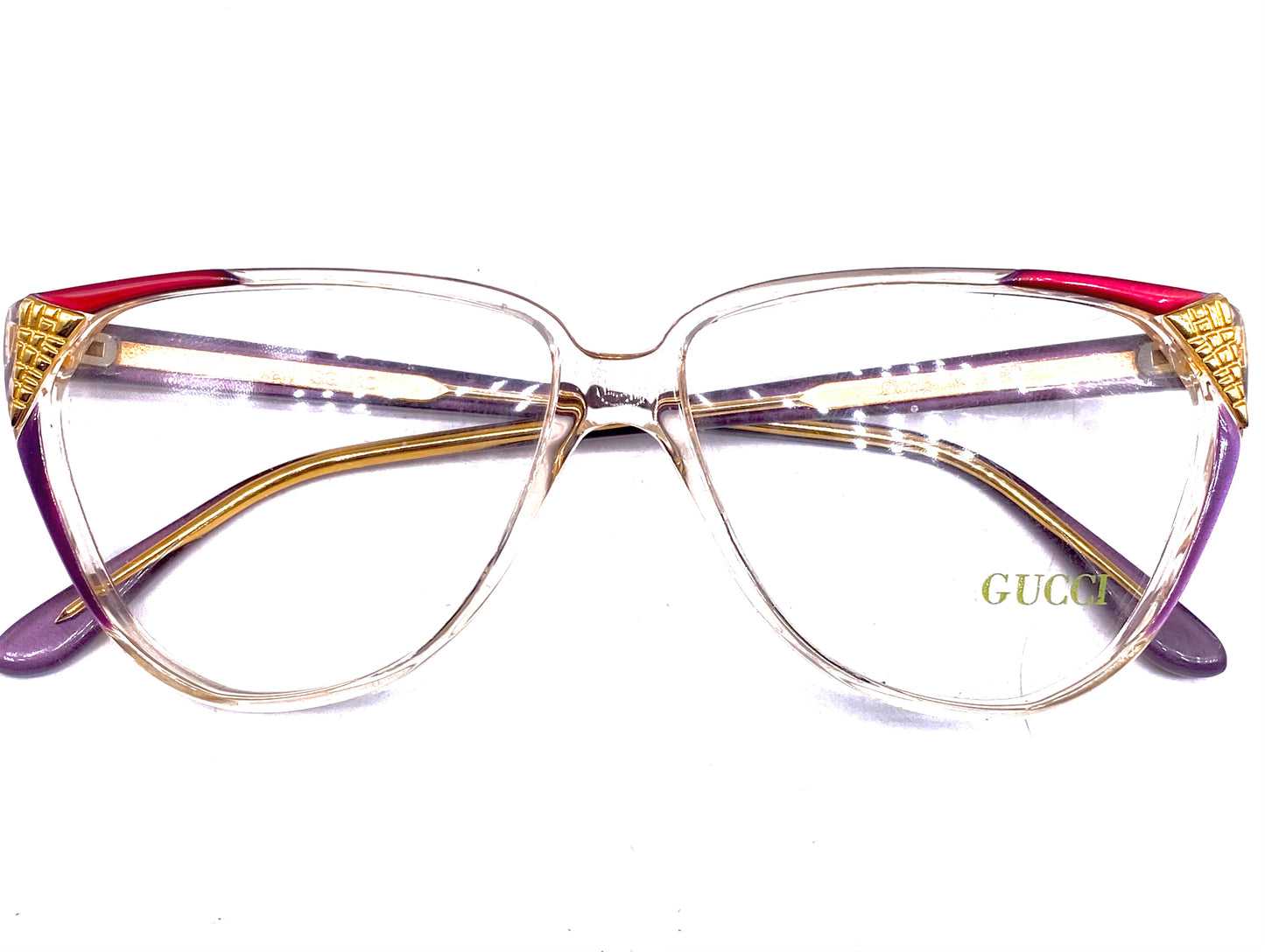 Gucci GG113 gorgeous cateye frames red, purple, gold carved metal, NOS 80s Italy