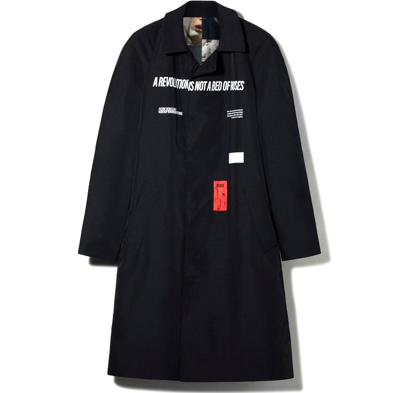 Kids of Broken Future “David” black Seaqual trenchcoat w neoclassical print cotton lining, S