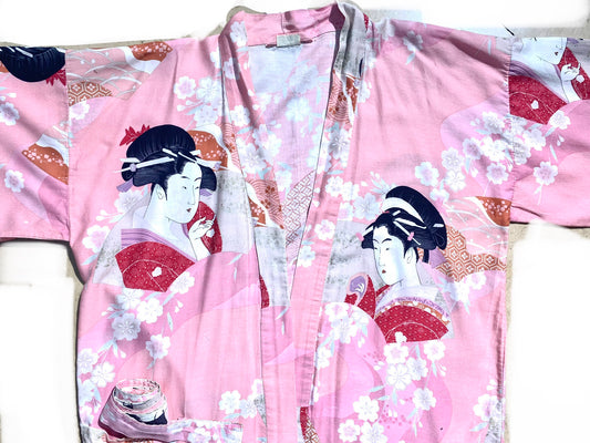 Japanese 1980s Geisha And cherry blossoms cotton kimono