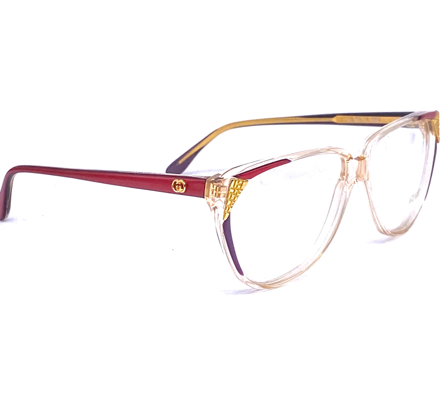 Gucci GG113 gorgeous cateye frames red, purple, gold carved metal, NOS 80s Italy