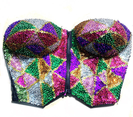 Colorful and sexy fully embroidered geometrical sequins allover corset w back laces sz M