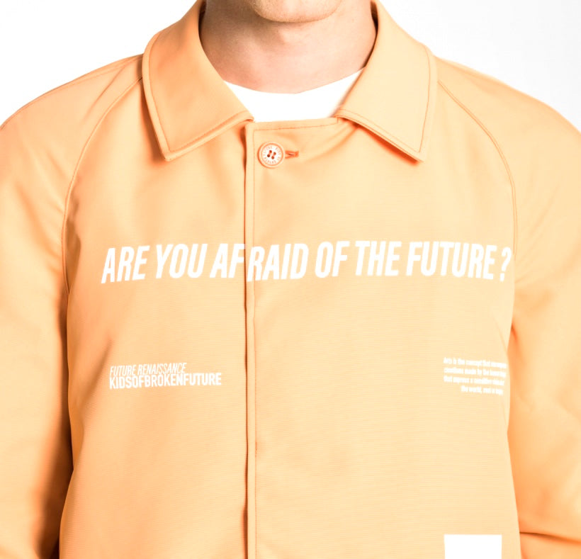 Kids of Broken Future “David” orange Seaqual trenchcoat w cotton neoclassical print lining, S