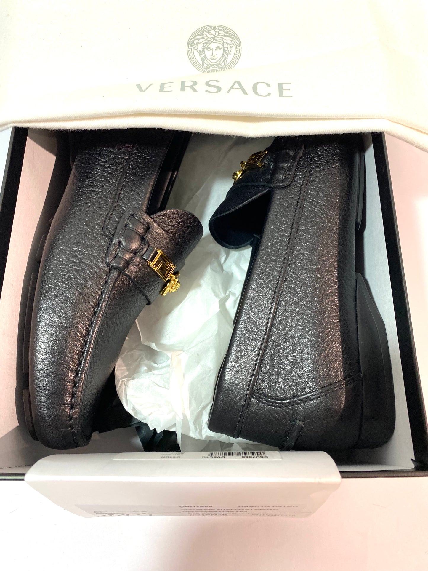 Versace classy black loafers with Greek/medusa chain detail, sz 38 BNWT