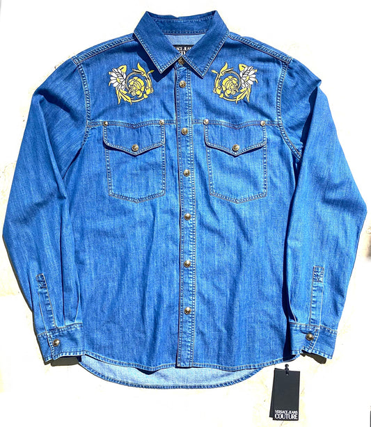 Versace Jeans Couture denim shirt with snap buttons and baroque embroidery, BNWT sz 48 M