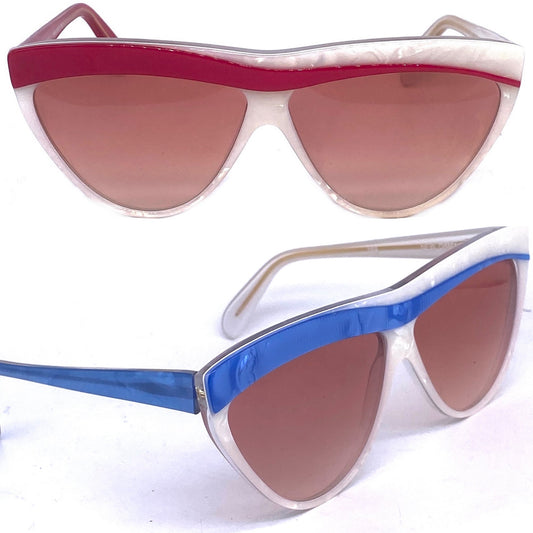 Coolest asymmetrical cateye oversized sunglasses in pearl white and primary red/blue, hand crafted for BMM x Zagato