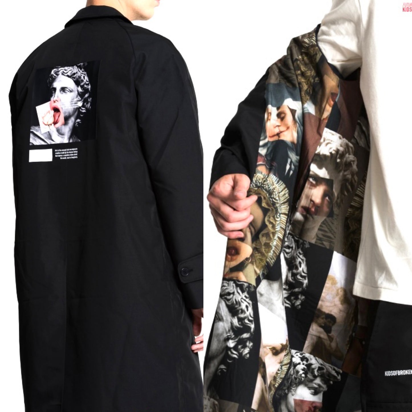 Kids of Broken Future “David” black Seaqual trenchcoat w neoclassical print cotton lining, S