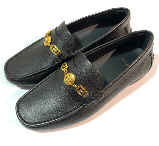 Versace classy black loafers with Greek/medusa chain detail, sz 38 BNWT