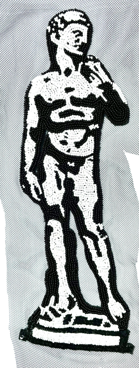 Donatello’s David b/w glass beads Hand embroidered on tulle, 20cm patch