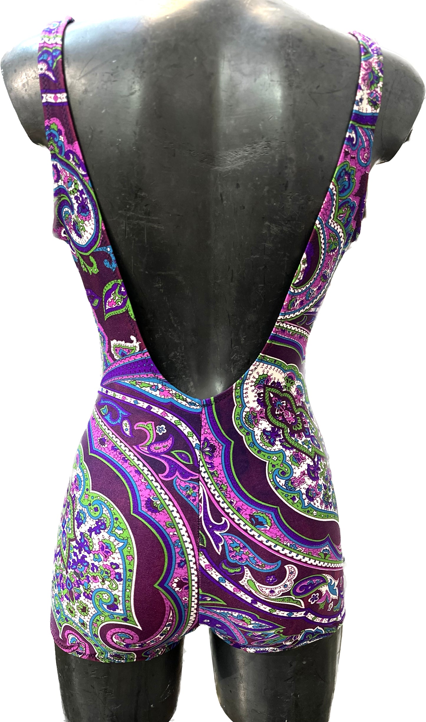 1970s NoS Purple / Green paisley swimsuit, cool skirt pattern, mint sz 42/44