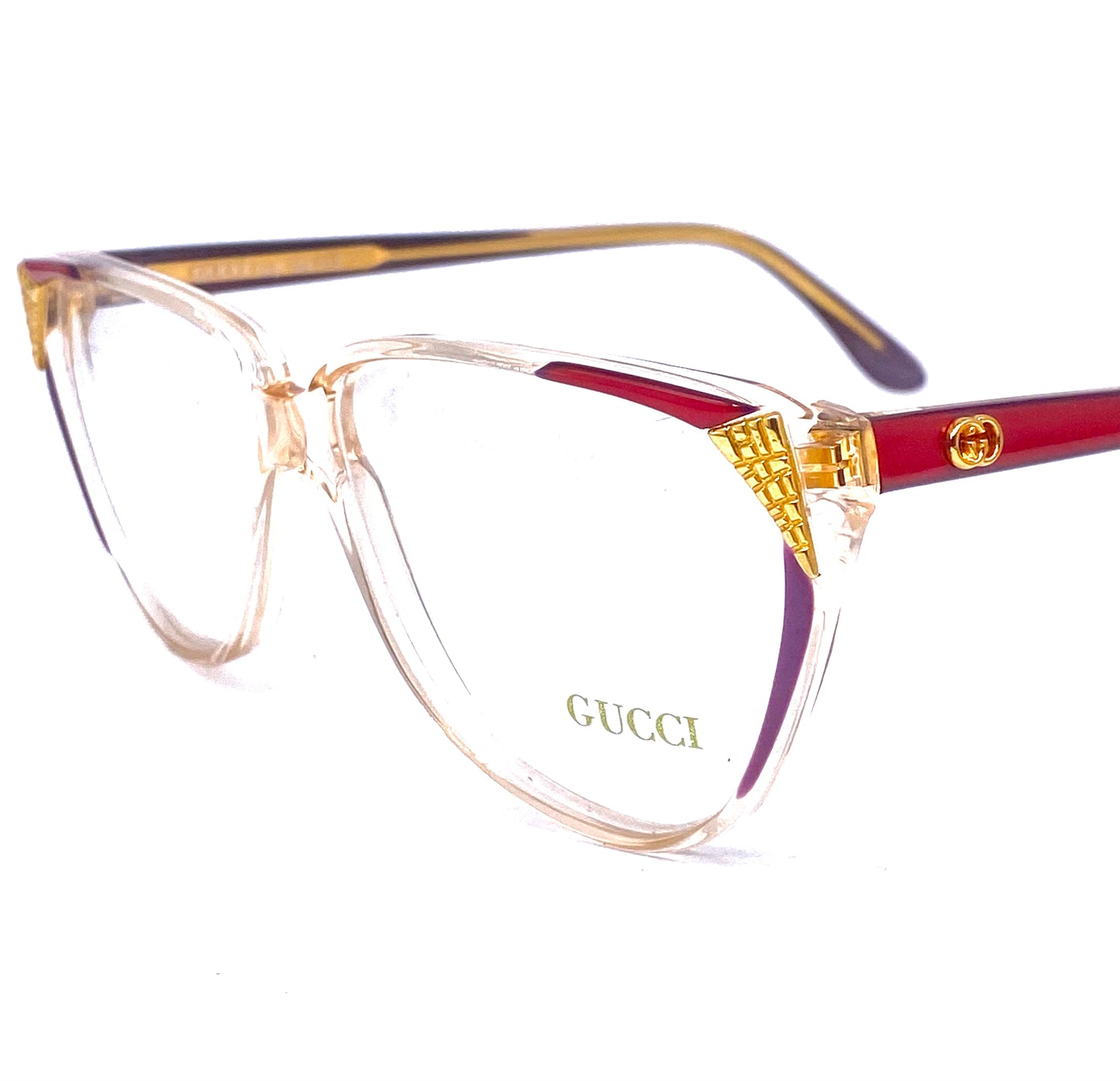 Gucci GG113 gorgeous cateye frames red, purple, gold carved metal, NOS 80s Italy