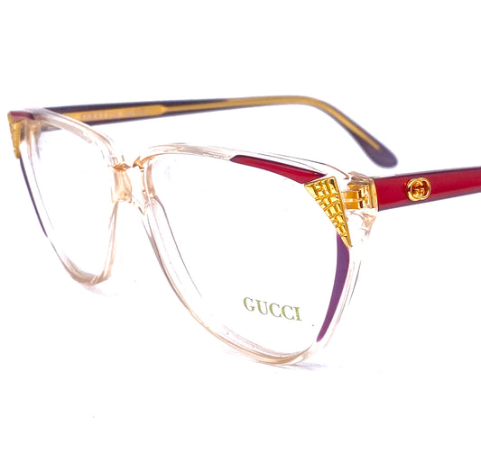 Gucci GG113 gorgeous cateye frames red, purple, gold carved metal, NOS 80s Italy