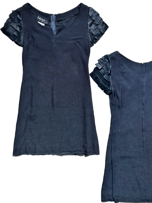 Polly Peck by Sybil Zelker black linen dress with satin ribbon detail, mint 60s UK