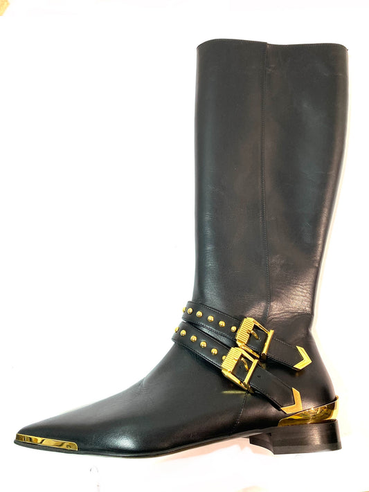 Versace high boots w/ golden metal tip and double buckles, BNWT boxed