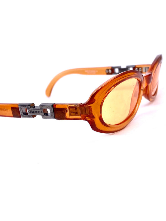 Karl Lagerfeld oval orange sunglasses with cuban chain temples detail, NOS 90s France