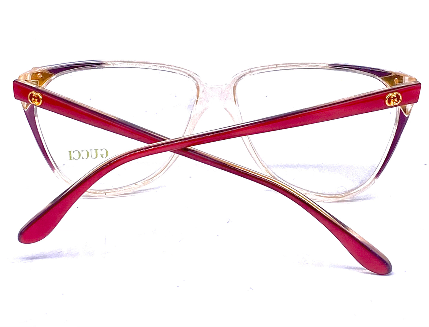 Gucci GG113 gorgeous cateye frames red, purple, gold carved metal, NOS 80s Italy