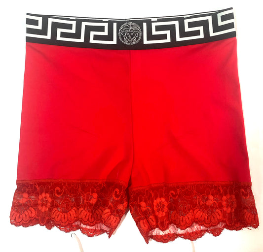 Versace lace trim biker shorts in red Lycra w signature waistband, BNWT sz 1