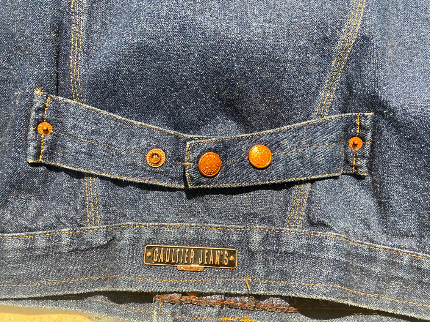 Jean Paul Gaultier vintage 90s denim trucker jacket with brass buttons, mint