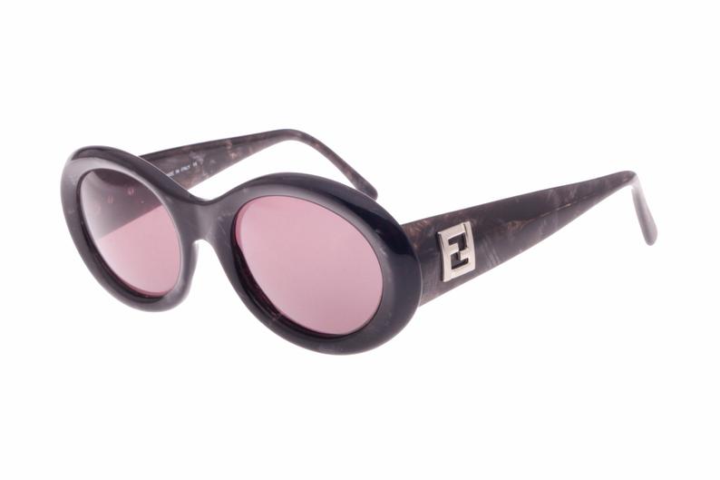 Fendi SL7555 classy black pearl F silver logo oval sunglasses, Italy 80s NOS