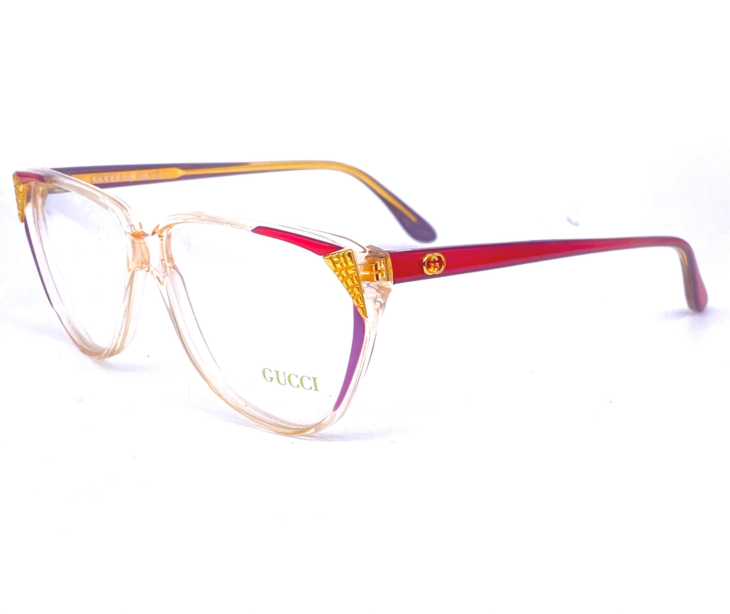 Gucci GG113 gorgeous cateye frames red, purple, gold carved metal, NOS 80s Italy