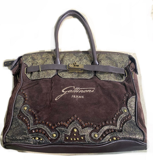 Gattinoni Jeans brown/gold suede handbag with rhinestones embroidery, Mint