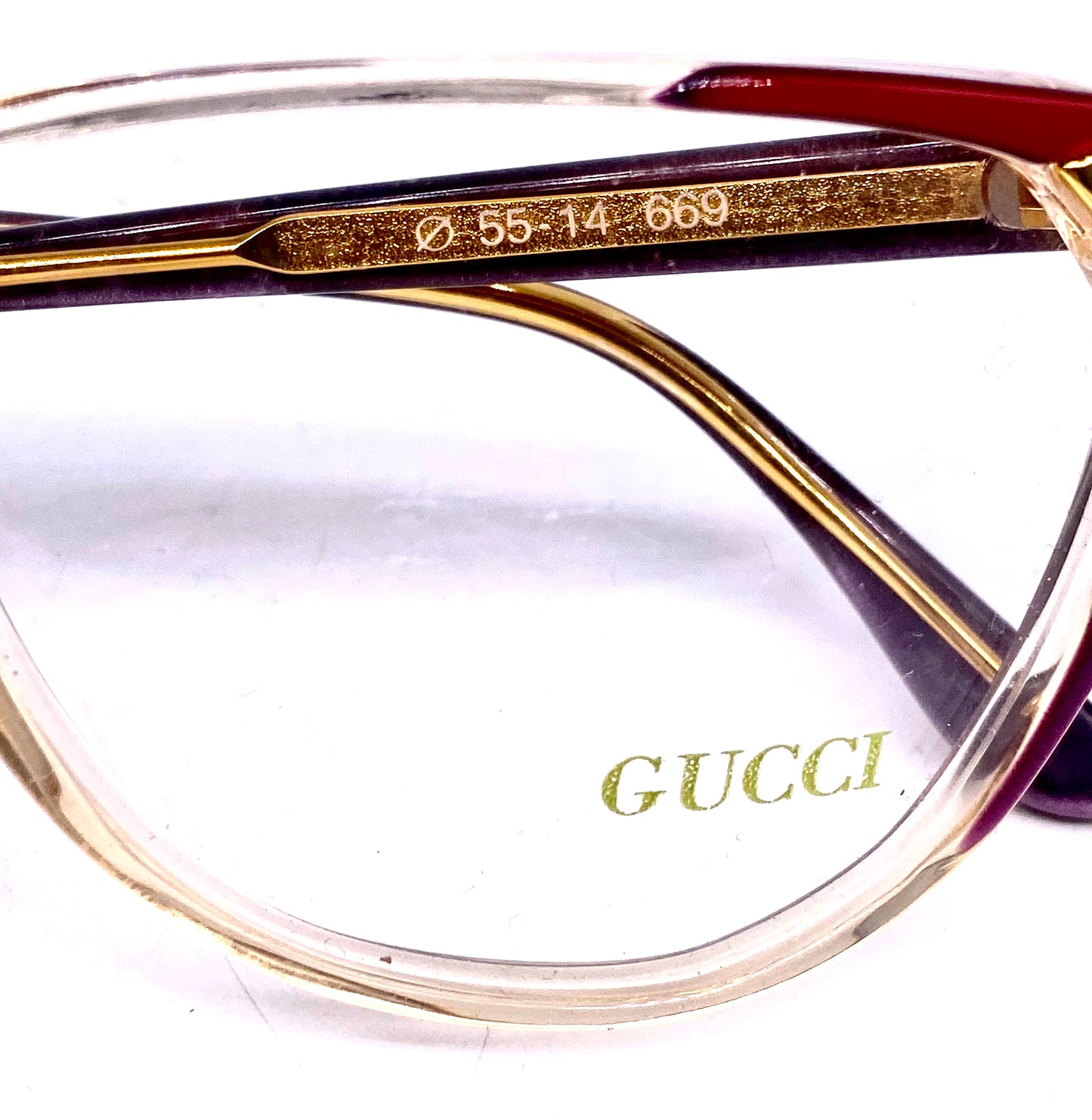 Gucci GG113 gorgeous cateye frames red, purple, gold carved metal, NOS 80s Italy