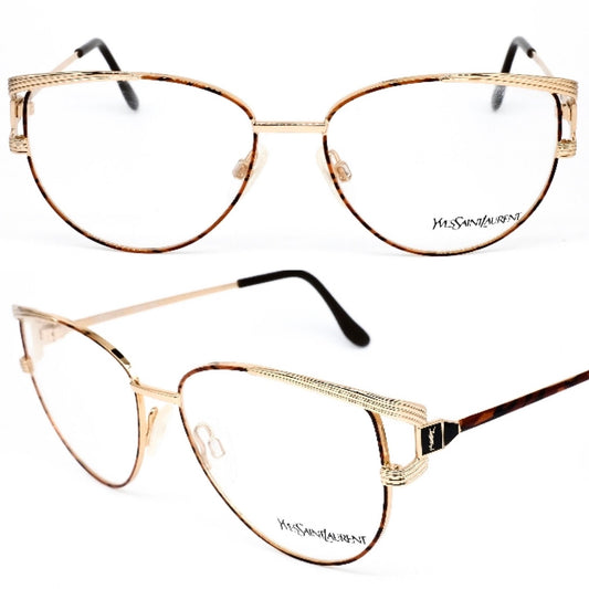 YSL Saint Laurent y106 golden metallic cateye eyeglasses frames with bold brown tortoise temples.