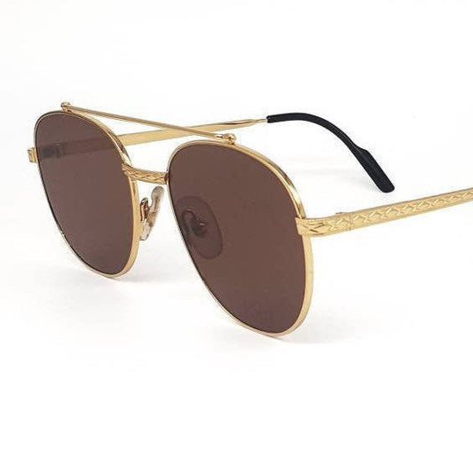 Vintage golden aviator sunglasses with flat lenses, carved deco details, Gambini 80s NOS