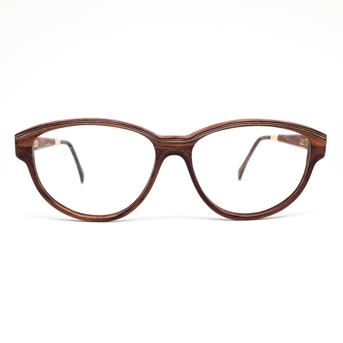 WOODLOOK paris dark textured wood oval round glasses frames with tortoise acetate temple tips. 80s, new old stock