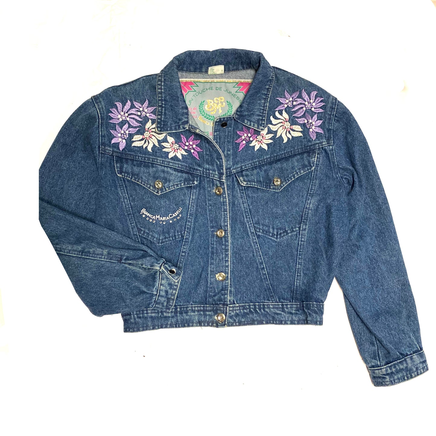 Bianca Maria Caselli ladies denim jacket with lilac floral embroidery 80s Italy