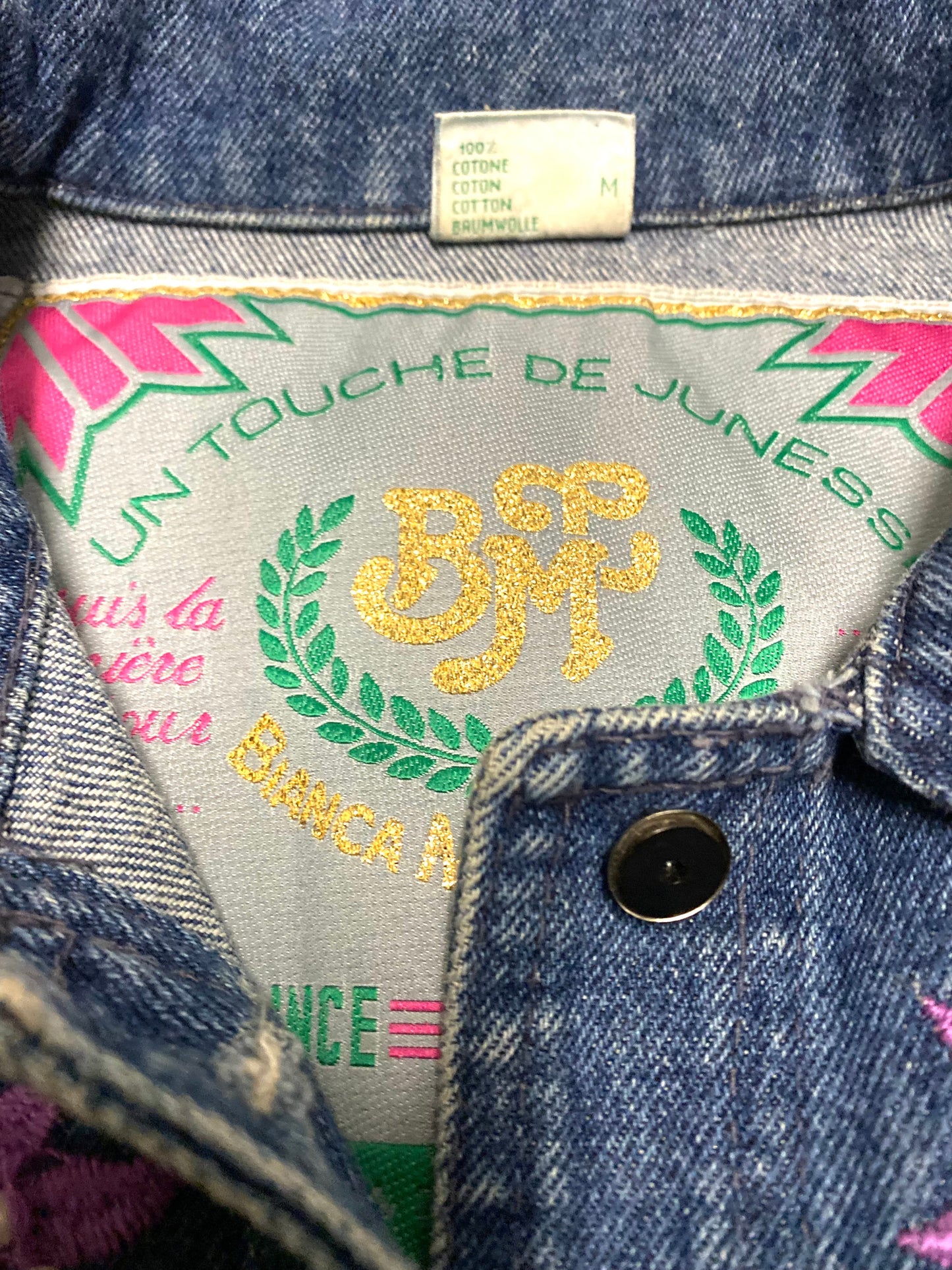 Bianca Maria Caselli ladies denim jacket with lilac floral embroidery 80s Italy