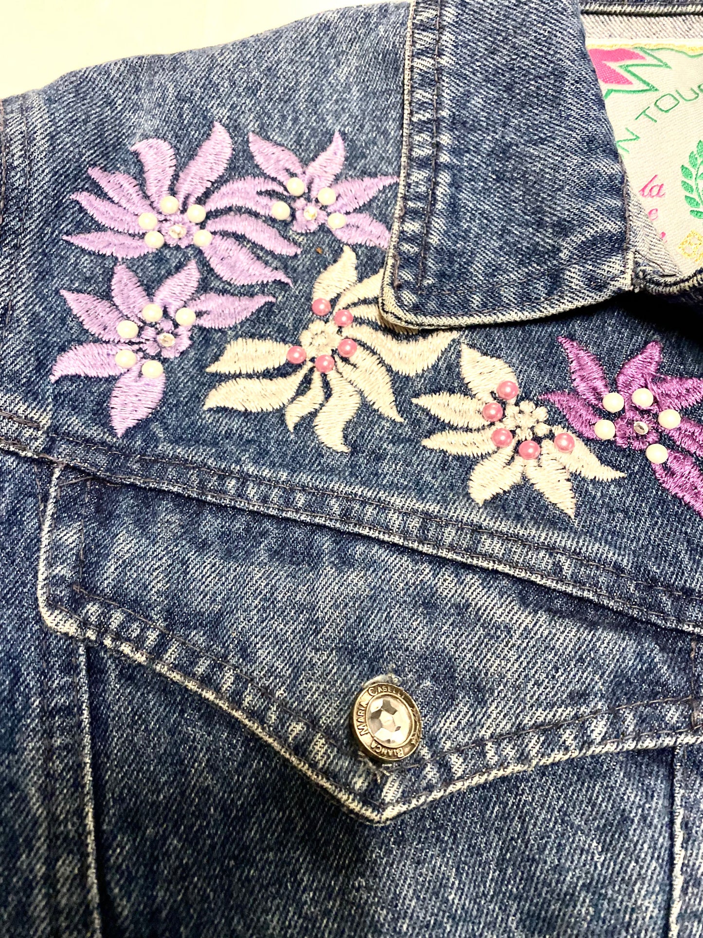 Bianca Maria Caselli ladies denim jacket with lilac floral embroidery 80s Italy