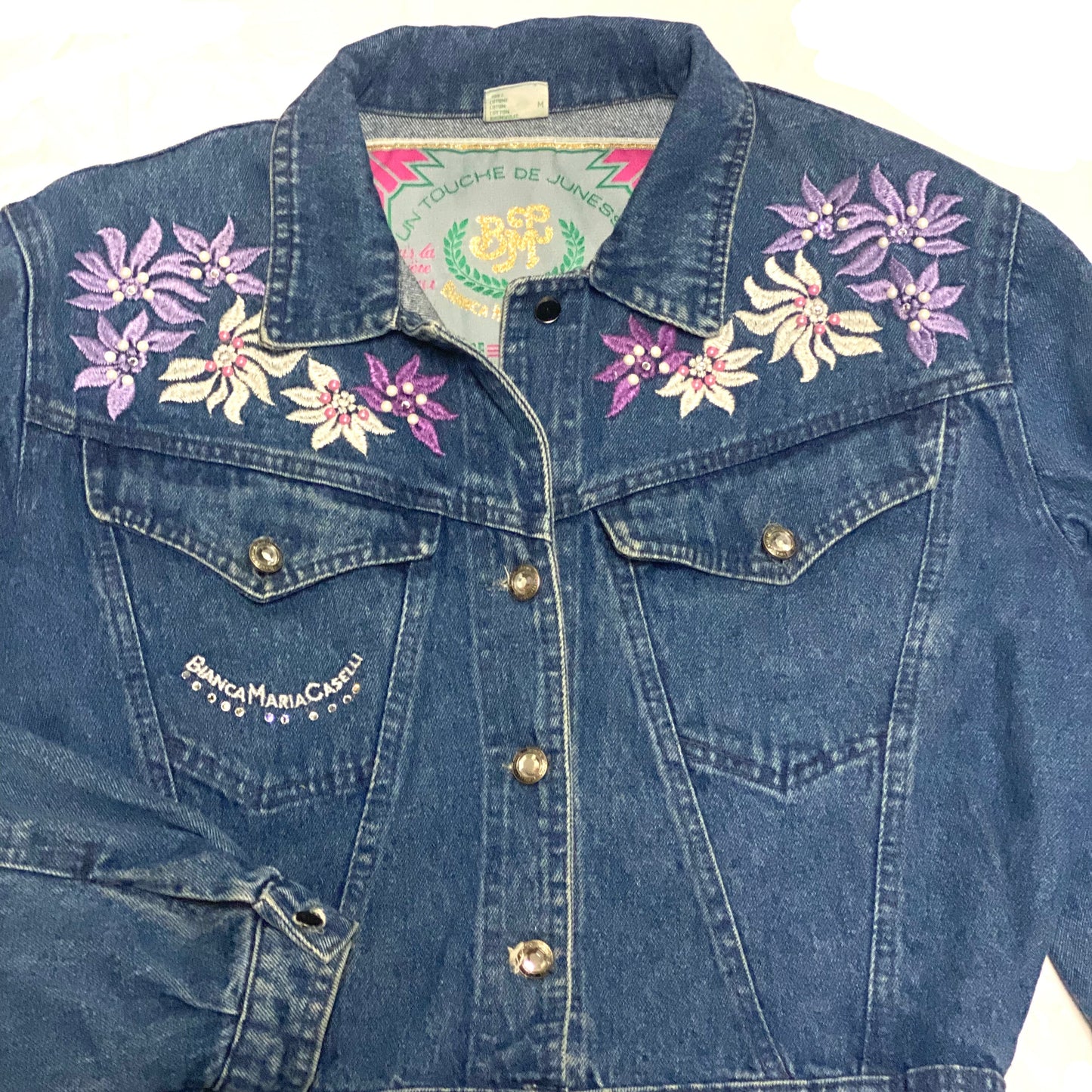 Bianca Maria Caselli ladies denim jacket with lilac floral embroidery 80s Italy