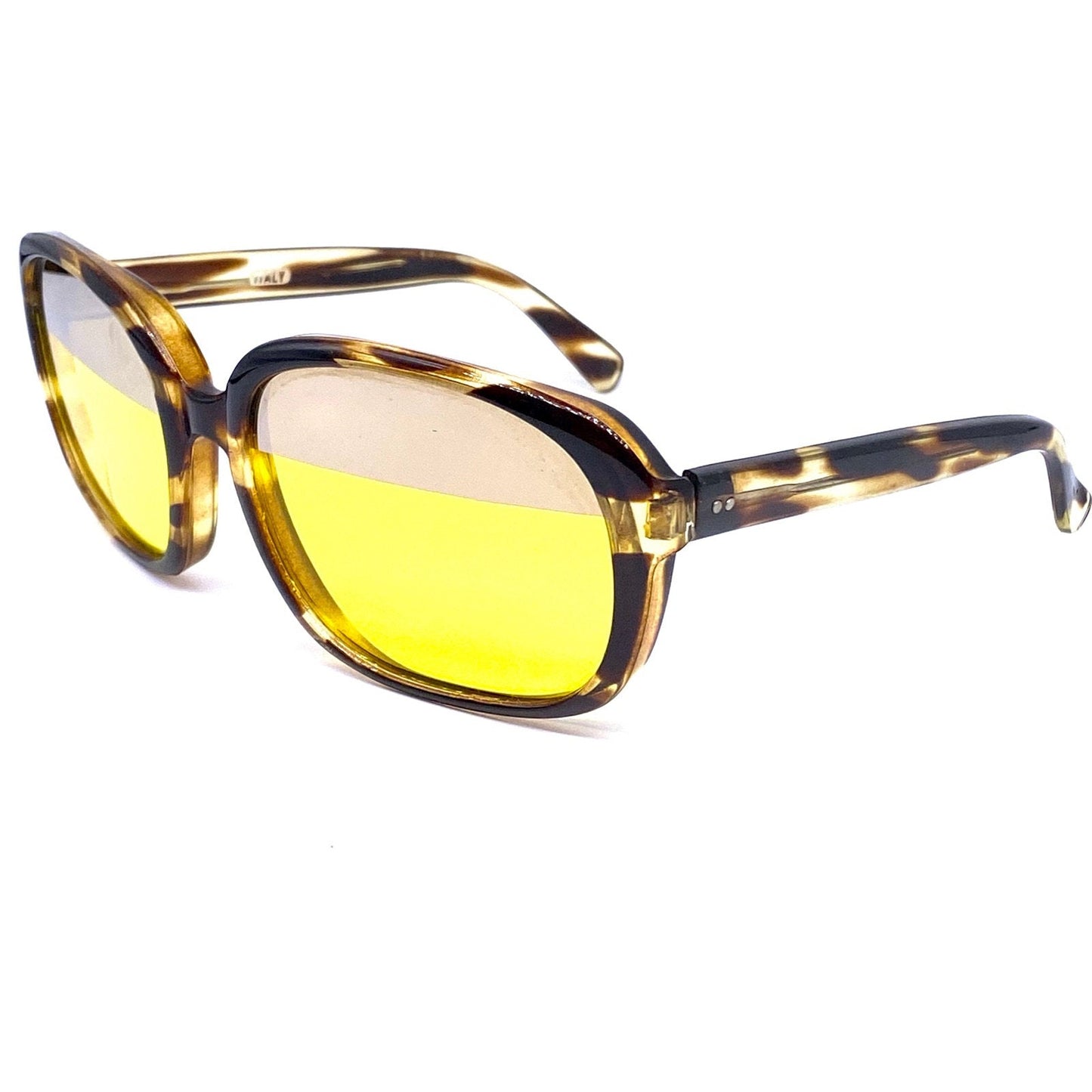 1960s collectible oversized square driving sunglasses, yellow lens mirrored top