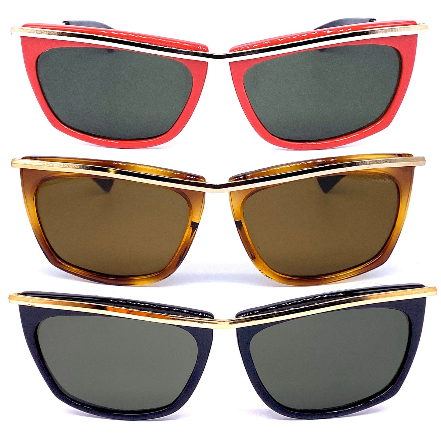 Olympian sunglasses made in Italy available in black, red or tortoise colors, crystal lens