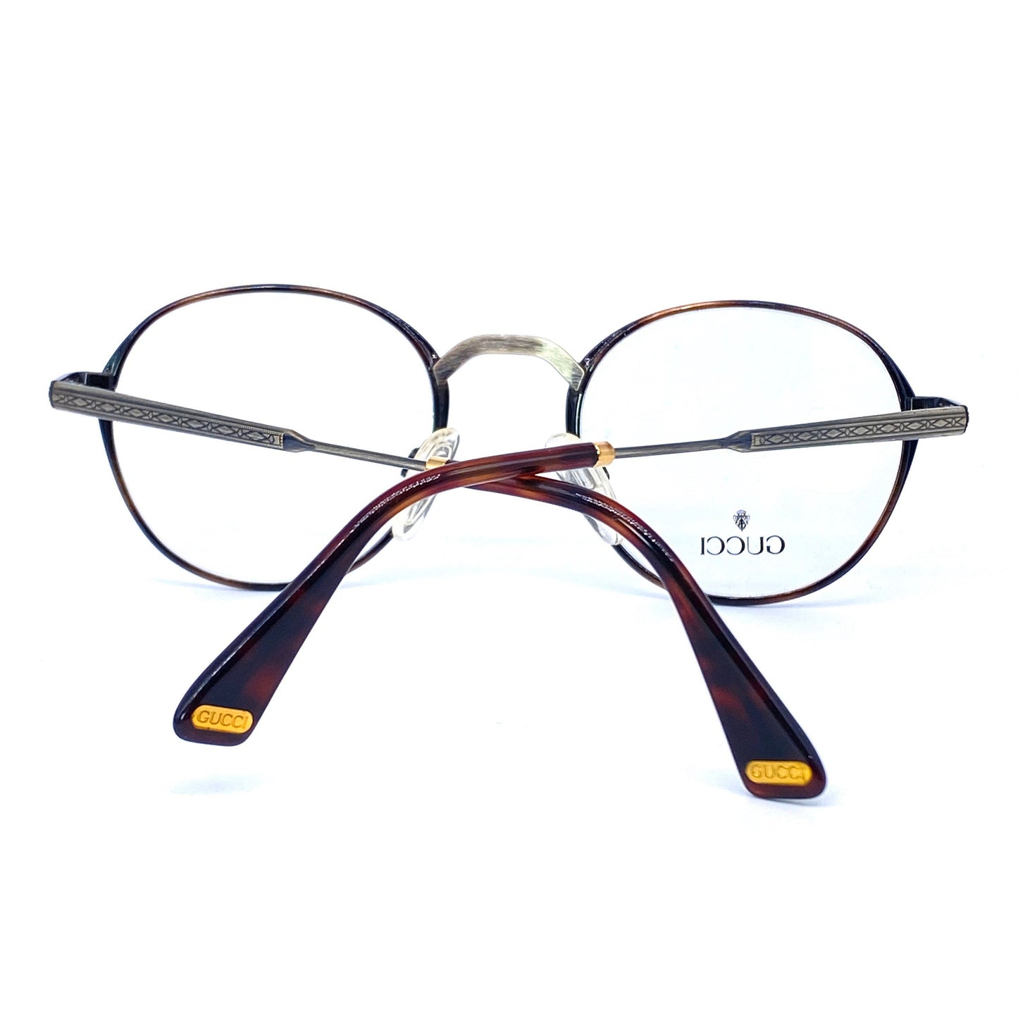 Gucci round deco style glasses, tortoise rims & carved gunmetal temples, NOS 1980s