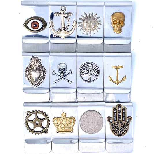 Cool Money Clips, stainless steel with a variety of stamping and applications, ex-voto and Sun are silver
